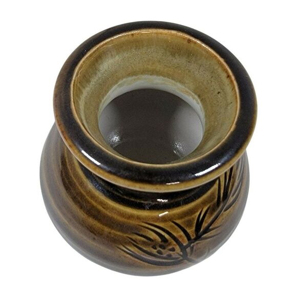 Vintage 3.5 Louis Mideke Brown Studio Pottery Bud Vase Leaf Tree High Gloss MCM - Picture 3 of 8